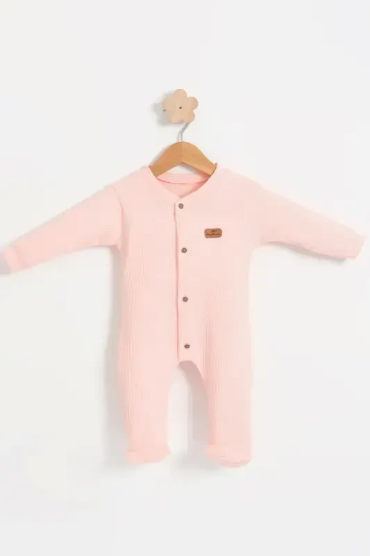 BABY COLORED COTTON WAFFLE FABRIC JUMPSUIT-SALMON - 1