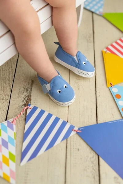 Baby Crib Shoes with Blue Monster Embroidery, Velcro Closure, First Step - Modazone