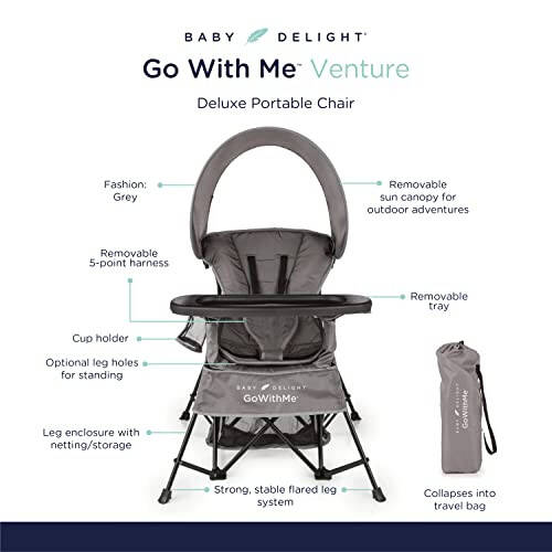 Baby Delight Go with Me Venture Portable Chair | Indoor and Outdoor | Sun Canopy | 3 Child Growth Stages | Grey - 2