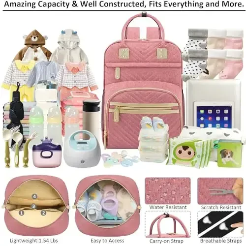 Baby Diaper Bag Backpack Tote for Women Large Capacity with Insulated Pockets Multifunctional Waterproof Diaper Bags For Baby Girl Boy Mama Maternity Travel Bag Pink - 3