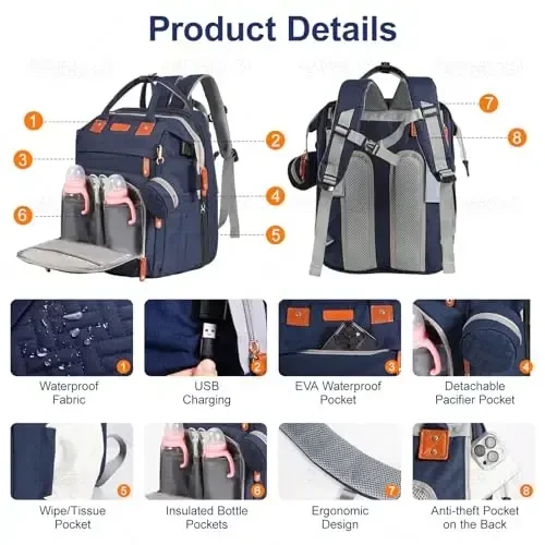 Baby Diaper Bag Backpack, with Diaper Changing Station, Multi-functional Travel Diaper Waterproof Backpack, for Baby Boys and Girls, Folding Portable Nappy Changing Mat and Sun Canopy(Large Blue) - 4