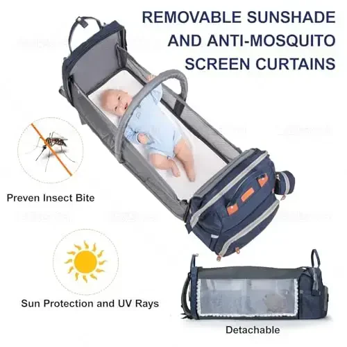 Baby Diaper Bag Backpack, with Diaper Changing Station, Multi-functional Travel Diaper Waterproof Backpack, for Baby Boys and Girls, Folding Portable Nappy Changing Mat and Sun Canopy(Large Blue) - 5