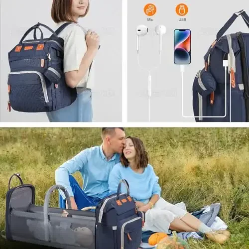 Baby Diaper Bag Backpack, with Diaper Changing Station, Multi-functional Travel Diaper Waterproof Backpack, for Baby Boys and Girls, Folding Portable Nappy Changing Mat and Sun Canopy(Large Blue) - 6