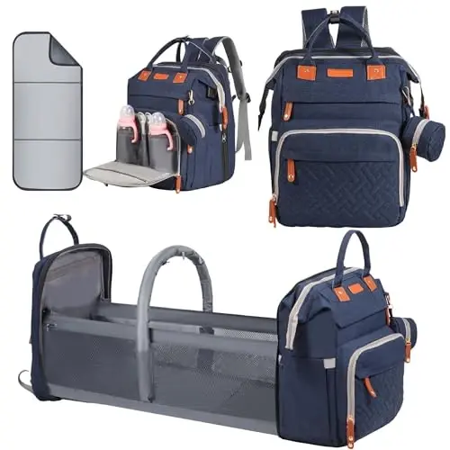 Baby Diaper Bag Backpack, with Diaper Changing Station, Multi-functional Travel Diaper Waterproof Backpack, for Baby Boys and Girls, Folding Portable Nappy Changing Mat and Sun Canopy(Large Blue) - 1