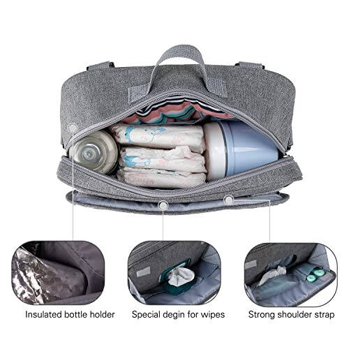 Baby Diaper Caddy Bag - Diaper Caddy Tote Baby Stroller Bag Nursery Storage Bin for Diapers, Wipes & Toys Mini Diaper Bag for Outdoor (Grey Flower) - 6