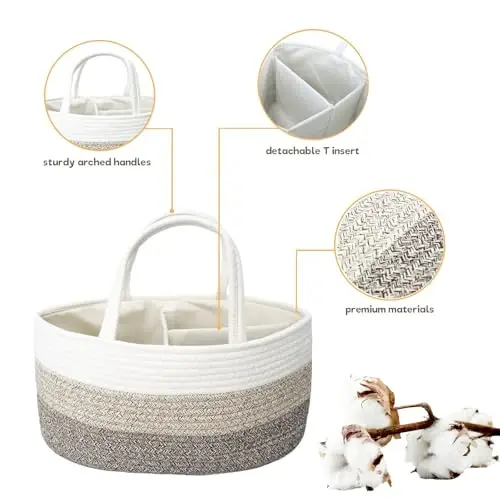 Baby Diaper Caddy Organizer, Extra Large Cotton Rope Nursery Diaper Basket, Changing Table Organizer, Portable Tote Bag with Divider, Car Storage, Baby Shower Gifts for Newborn Girls - Gradient Brown - 4