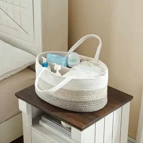 Baby Diaper Caddy Organizer, Extra Large Cotton Rope Nursery Diaper Basket, Changing Table Organizer, Portable Tote Bag with Divider, Car Storage, Baby Shower Gifts for Newborn Girls - Gradient Brown - 5