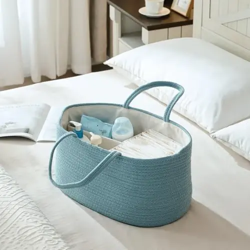 Baby Diaper Caddy Organizer, Extra Large Cotton Rope Nursery Diaper Basket, Changing Table Organizer, Portable Tote Bag with Divider, Car Storage, Baby Shower Gifts for Newborn Girls - Lake Blue - 3