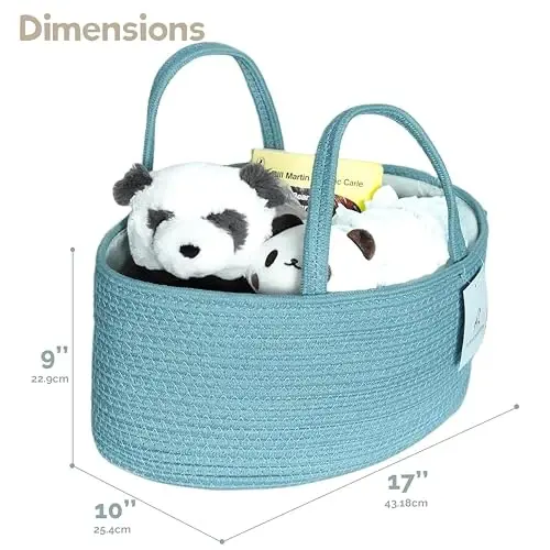 Baby Diaper Caddy Organizer, Extra Large Cotton Rope Nursery Diaper Basket, Changing Table Organizer, Portable Tote Bag with Divider, Car Storage, Baby Shower Gifts for Newborn Girls - Lake Blue - 2
