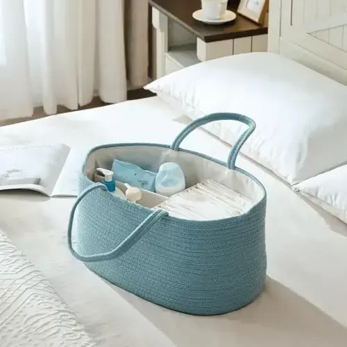 Baby Diaper Caddy Organizer, Extra Large Cotton Rope Nursery Diaper Basket, Changing Table Organizer, Portable Tote Bag with Divider, Car Storage, Baby Shower Gifts for Newborn Girls - Lake Blue - 3