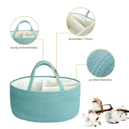 Baby Diaper Caddy Organizer, Extra Large Cotton Rope Nursery Diaper Basket, Changing Table Organizer, Portable Tote Bag with Divider, Car Storage, Baby Shower Gifts for Newborn Girls - Lake Blue - 4