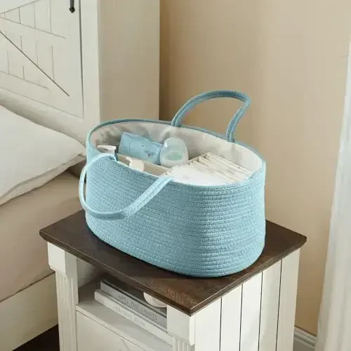 Baby Diaper Caddy Organizer, Extra Large Cotton Rope Nursery Diaper Basket, Changing Table Organizer, Portable Tote Bag with Divider, Car Storage, Baby Shower Gifts for Newborn Girls - Lake Blue - 5