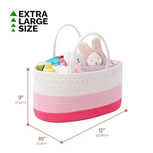 Baby Diaper Caddy Organizer, Extra Large Cotton Rope Nursery Diaper Basket, Changing Table Organizer, Portable Tote Bag with Divider, Car Storage, Baby Shower Gifts for Newborn Girls - Pink - 2