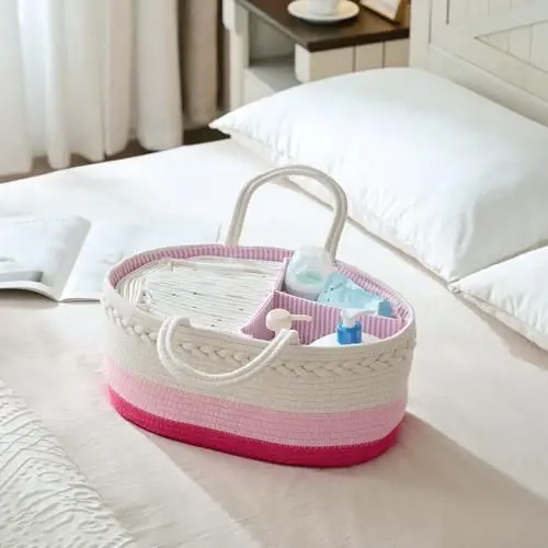 Baby Diaper Caddy Organizer, Extra Large Cotton Rope Nursery Diaper Basket, Changing Table Organizer, Portable Tote Bag with Divider, Car Storage, Baby Shower Gifts for Newborn Girls - Pink - 3