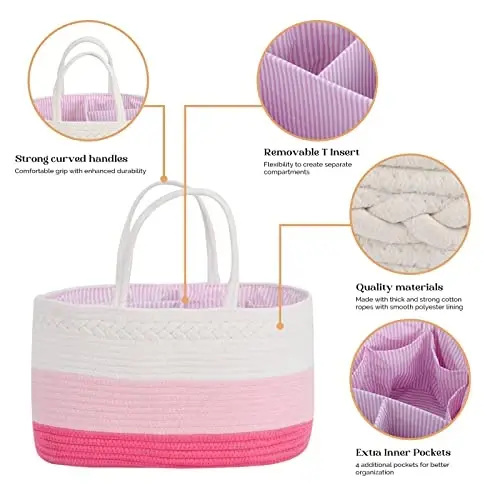 Baby Diaper Caddy Organizer, Extra Large Cotton Rope Nursery Diaper Basket, Changing Table Organizer, Portable Tote Bag with Divider, Car Storage, Baby Shower Gifts for Newborn Girls - Pink - 4