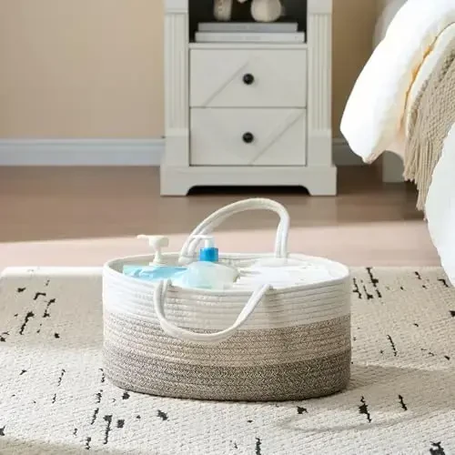 Baby Diaper Caddy Organizer, Large Cotton Rope Nursery Diaper Basket, Changing Table Organizer, Portable Tote Bag with Divider, Car Storage, Baby Shower Gifts for Newborn Girls - Gradient Brown - 3