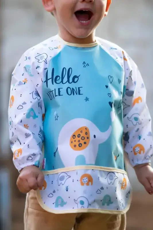 Baby Elephant Patterned Waterproof Long-Sleeved Bib - 3