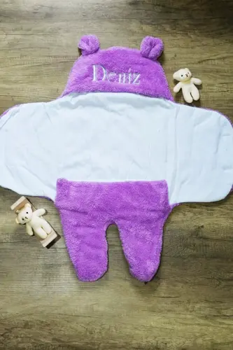 Baby External Swaddle Sleeping Bag Personalized Embroidered Curly Wellsoft Plush Bear Eared Lilac Purple - lilac - 1