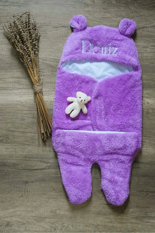 Baby External Swaddle Sleeping Bag Personalized Embroidered Curly Wellsoft Plush Bear Eared Lilac Purple - lilac - 5