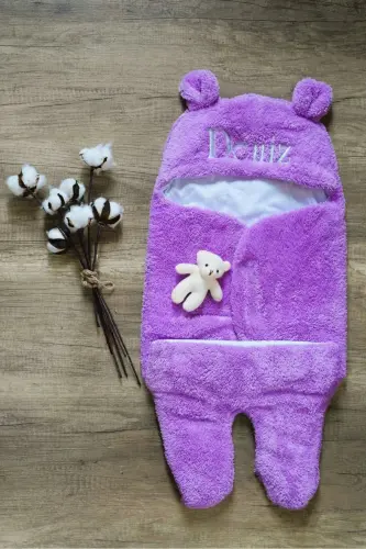 Baby External Swaddle Sleeping Bag Personalized Embroidered Curly Wellsoft Plush Bear Eared Lilac Purple - lilac - 6