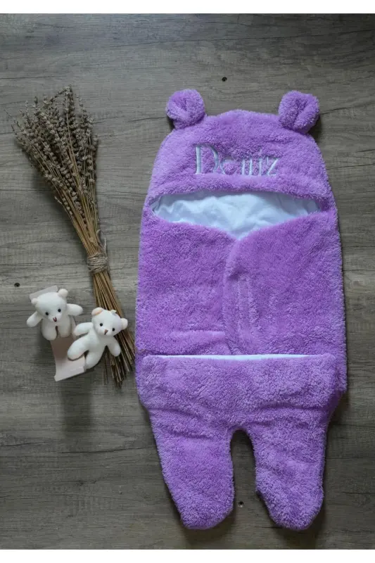 Baby External Swaddle Sleeping Bag Personalized Embroidered Curly Wellsoft Plush Bear Eared Lilac Purple - lilac - 7