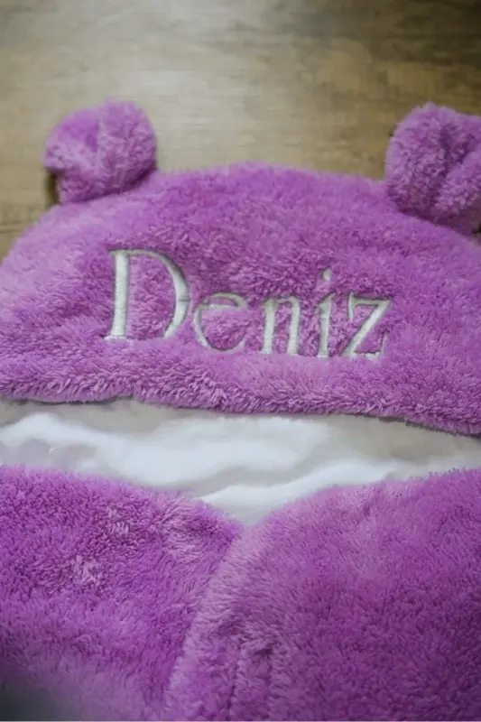 Baby External Swaddle Sleeping Bag Personalized Embroidered Curly Wellsoft Plush Bear Eared Lilac Purple - lilac - 8