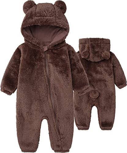 Baby Fluffy Jumpsuit Hooded Fleece Rompers Long Sleeve Zipper Onesie Outwear - 1