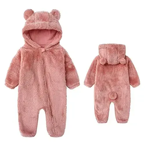 Baby Fluffy Jumpsuit Hooded Fleece Rompers Uzun Yengli Fermuarlı Kombinezon - 1