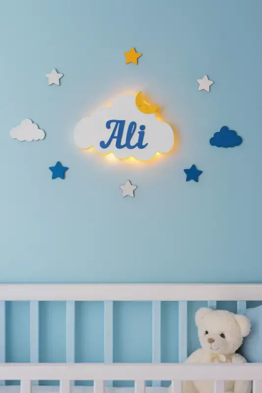 Baby Gift Wooden Name Cloud Night Light LED Lighting Newborn Gift-Blue - 2