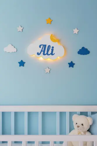 Baby Gift Wooden Name Cloud Night Light LED Lighting Newborn Gift-Blue 