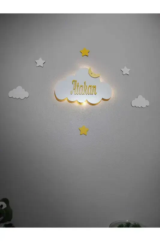 Baby Gift Wooden Name Cloud Night Light LED Lighting Newborn Gift-Yellow - 2