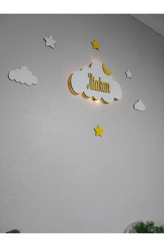 Baby Gift Wooden Name Cloud Night Light LED Lighting Newborn Gift-Yellow - 3