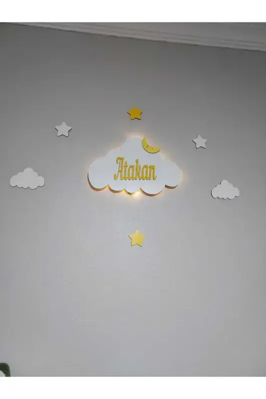 Baby Gift Wooden Name Cloud Night Light LED Lighting Newborn Gift-Yellow - 5