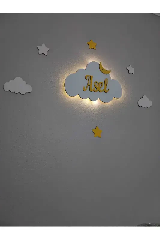Baby Gift Wooden Name Cloud Night Light LED Lighting Newborn Gift-Yellow - 7