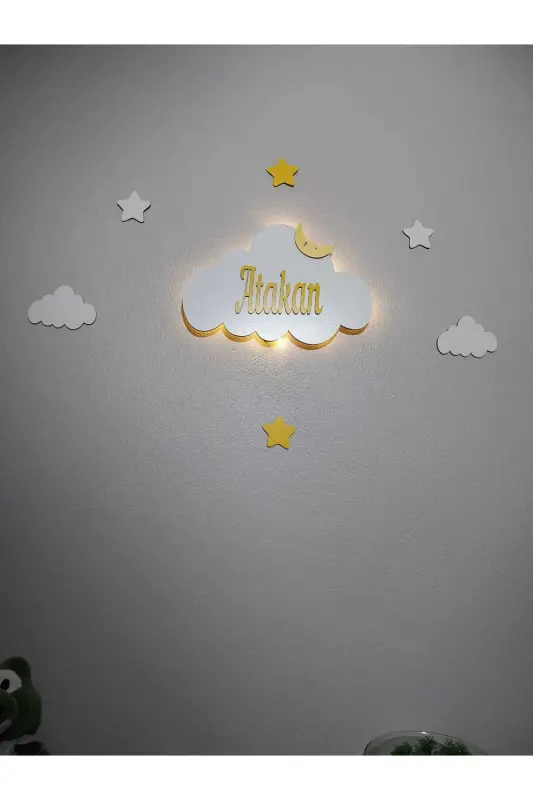 Baby Gift Wooden Name Cloud Night Light LED Lighting Newborn Gift-Yellow - 2