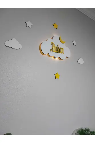 Baby Gift Wooden Name Cloud Night Light LED Lighting Newborn Gift-Yellow - 3
