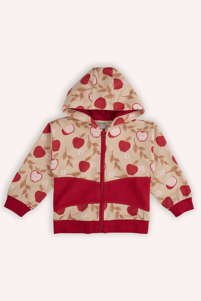 Baby Girl Apple Patterned Zippered Beige Sweatshirt - PANÇO