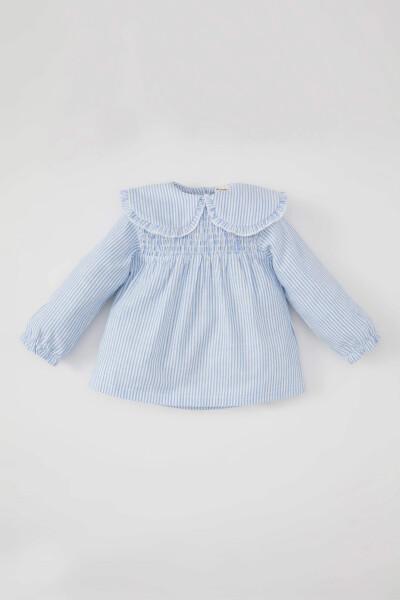 Baby Girl Baby Collar Linen Look Long Sleeve Shirt Light Blue - 6