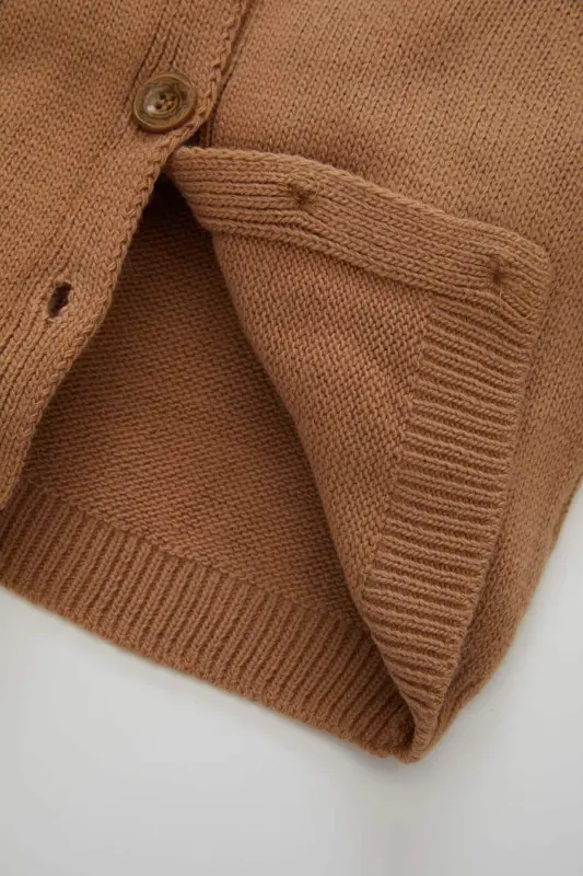 Baby Girl Basic Plain Knitted Crew Neck Buttoned Cardigan C7905A524AU-Coffee - 4