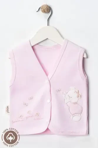 Baby Girl Bear Embroidered Organic Cotton 3-6-9 Months 2-Piece Knitted Baby Vest - Pink-PINK - Modazone (1)