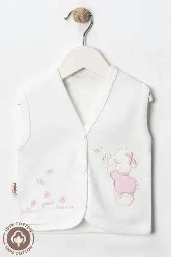 Baby Girl Bear Embroidered Organic Cotton 3-6-9 Months 2-Piece Knitted Baby Vest - Pink-PINK - 5