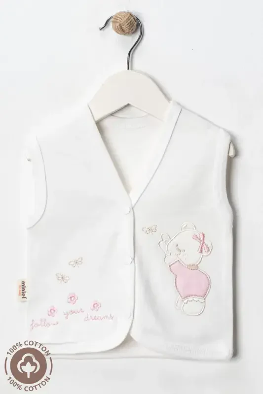 Baby Girl Bear Embroidered Organic Cotton 3-6-9 Months 2-Piece Knitted Baby Vest - Pink-PINK - 5