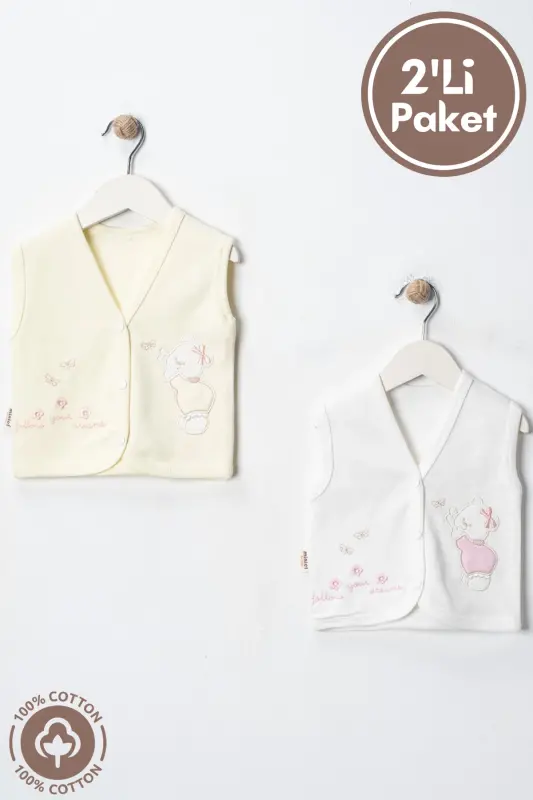 Baby Girl Bear Embroidered Organic Cotton 3-6-9 Months 2-Piece Knitted Baby Vest - Yellow-YELLOW - 3