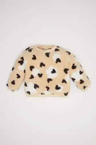 Baby Girl Bicycle Collar Heart Patterned Soft Furry Lined Welsoft Plush Sweatshirt-Sand - 1