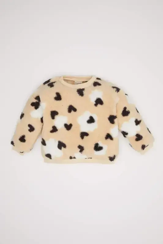 Baby Girl Bicycle Collar Heart Patterned Soft Furry Lined Welsoft Plush Sweatshirt-Sand - DEFACTO