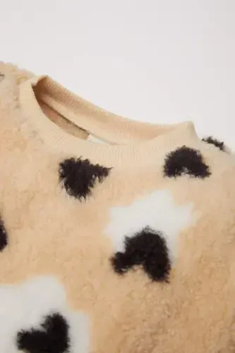 Baby Girl Bicycle Collar Heart Patterned Soft Furry Lined Welsoft Plush Sweatshirt-Sand - DEFACTO (1)