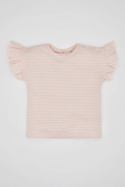 Baby Girl Bicycle Neck Striped Short Sleeve T-Shirt Pink - 1