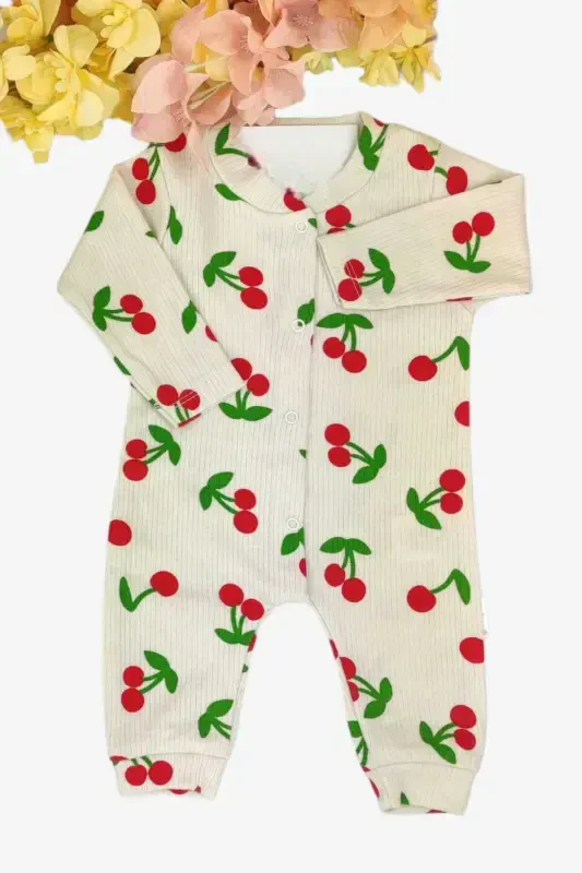 Baby Girl Big Cherry Report Printed Baby Jumpsuit Ribbed Snap Newborn 100% Cotton 1-3-6 Months-Ecru - DINAMIK ÇOCUK
