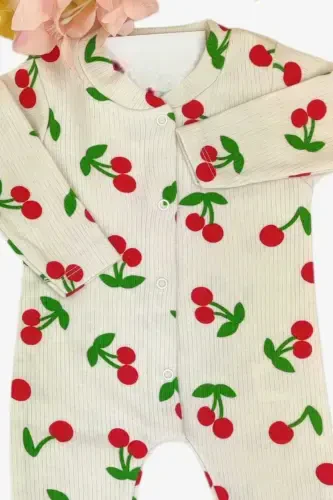 Baby Girl Big Cherry Report Printed Baby Jumpsuit Ribbed Snap Newborn 100% Cotton 1-3-6 Months-Ecru - DINAMIK ÇOCUK (1)