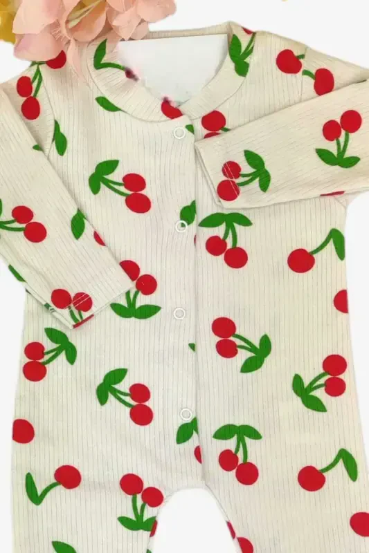 Baby Girl Big Cherry Report Printed Baby Jumpsuit Ribbed Snap Newborn 100% Cotton 1-3-6 Months-Ecru - 2
